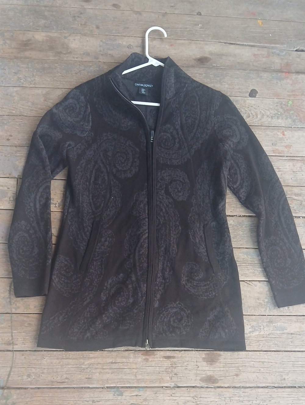 Cynthia Rowley Black Paisley-Pattern Thick Cotton Blend Zip-Front Sweater